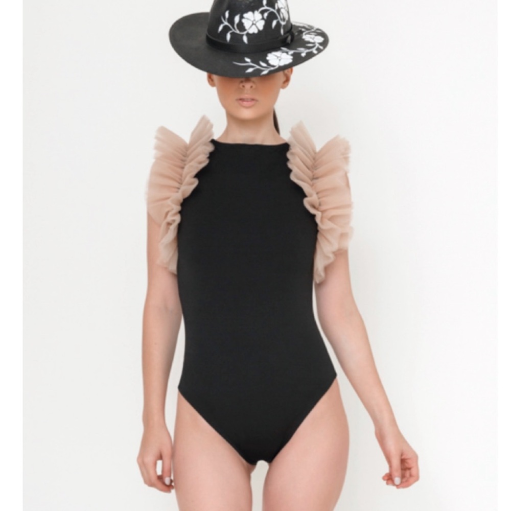 Ruffle black and pink mesh bodysuit